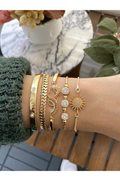 Jack Ferrero Kadın Altın Kaplama Bijuteri Bileklik Zirkon Taşlı 5 Li Set
