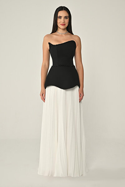 ALFABETA Straplez Üstü Krep Eteği Şifon Uzun Abiye Elbise Alfa Beta