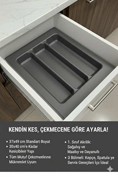 GörSeç Gri 37x49 cm Çekmece İçi Kaşıklık Kepçelik Organizer ( 30*40 )Kesilebilir Çatal Bıçak Düzenleyici