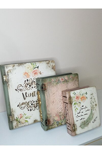 IremTasarimAtolyesi EV DEKORASYON AKSESUAR KİTAP KUTU SETİ 3LÜ AHŞAP DEKOR