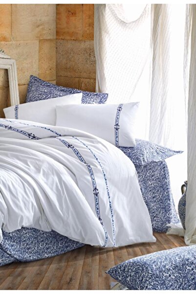 Cotton Box طقم غطاء لحاف مزدوج من سلسلة Majestic باللون الأزرق الداكن