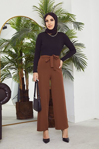 Naknaku Women's Elastic Waist Tie Detail Wide Leg Hijab Pants-Brown