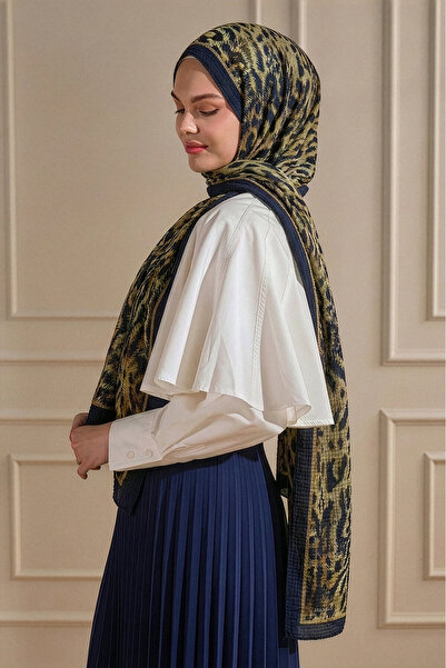 SilkTouch Navy Blue Gold Leopard Patterned Muslin Shawl