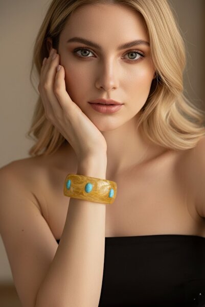 CAŞ DEKORASYON Brown and Blue Colored Stone Thick Bone Mica Bracelet