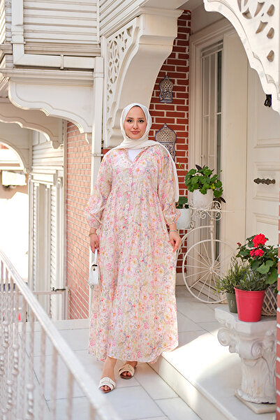 LOCCO Çiçek Desenli Elbise Pudra