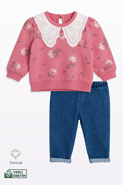 Lamonde 2-Piece Set with Lace Collar Detailed Blouse and Jeans 9-12-18-24 Mon...
