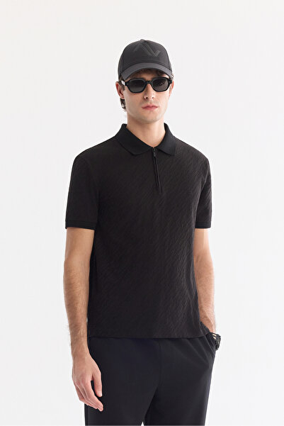Avva Men's Black Non-Curling Polo Collar Zippered Jacquard Regular Fit T-Shir...
