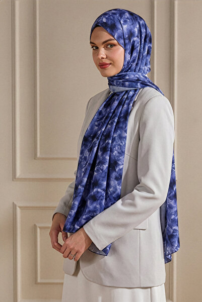 SilkTouch Navy Blue Foggy Bouquet Pattern Hemp Shawl