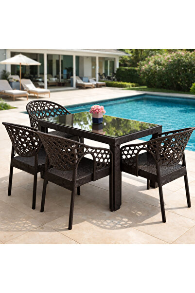 ZİYNET HOME 4 Adet Sandalye Rattan Bahçe Balkon Masa Takımı 4 Kişilik 70x120 ...