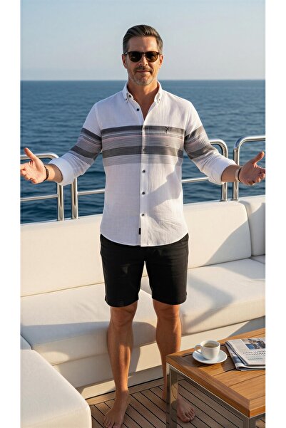 MEGALDİ Erkek Slim Fit Kesim Linen Keten Blok Desenli Antresit Uzun Kollu Gömlek