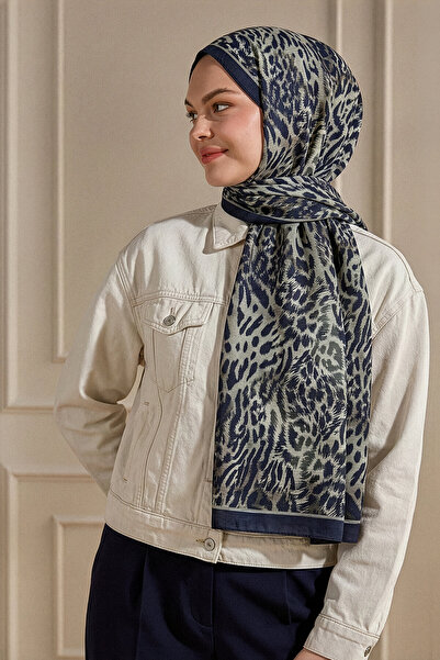 SilkTouch Navy Blue Leopard Patterned Muslin Shawl