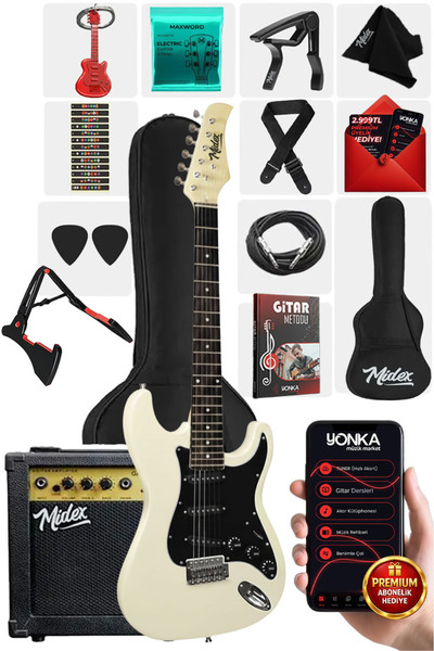 Midex Age-80wh Amfili Full Elektro Gitar Seti 4/4 Yetişkin 39 Inç White