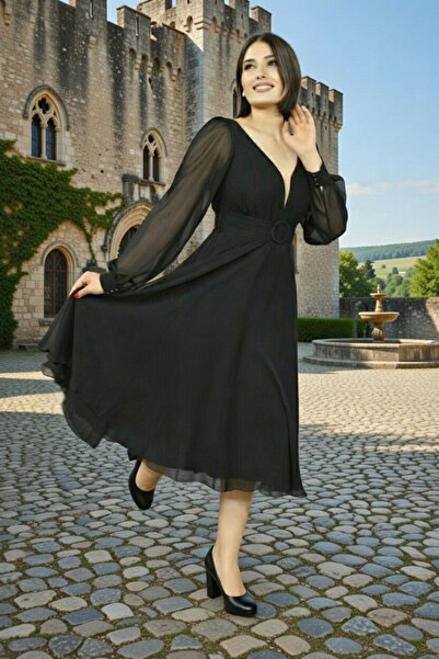 FaBe Fashion Uzun Manşet Kollu Kalp Yaka Beli Tokalı Ve Büzgülü Midi Şifon El...