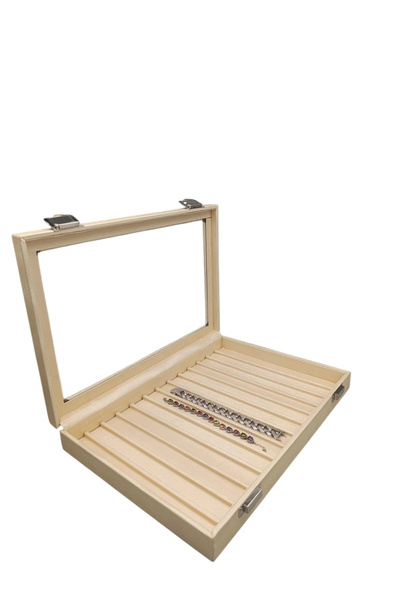 MeGass Dekor Yeni Cam Kapaklı İmera Deri Kumaş Krem Renk 34 cm / 24 cm Bölmel...