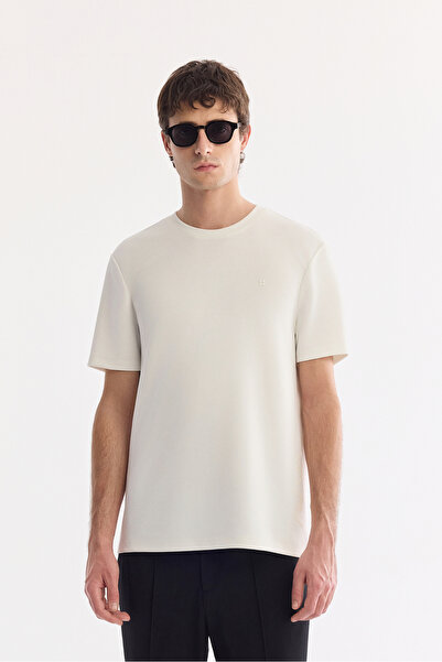 Avva Men's Ecru Crew Neck Interlock T-Shirt with Side Ruber and Dtf Print A61...