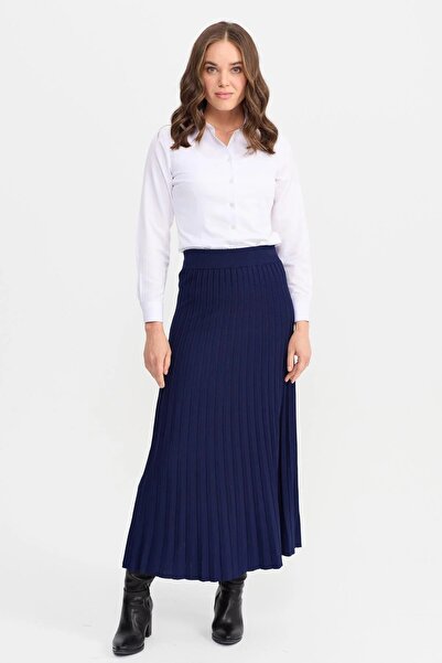 Desen Triko Pleated Elastic Waist Navy Blue Women's Knitwear Skirt Dsn24K21321