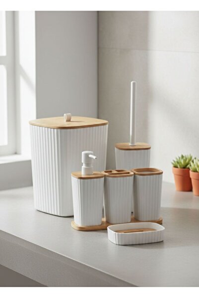 Store HGY Home Safir Bambulu Yapışkanlı 6 Parçalı Kırık Beyaz Banyo seti