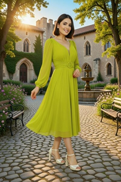 FaBe Fashion Uzun Manşet Kollu Kalp Yaka Beli Tokalı Ve Büzgülü Midi Şifon El...