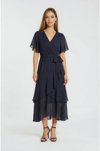 Spazio Fenesina Kruvaze Yaka Volanlı Elbise SİYAH