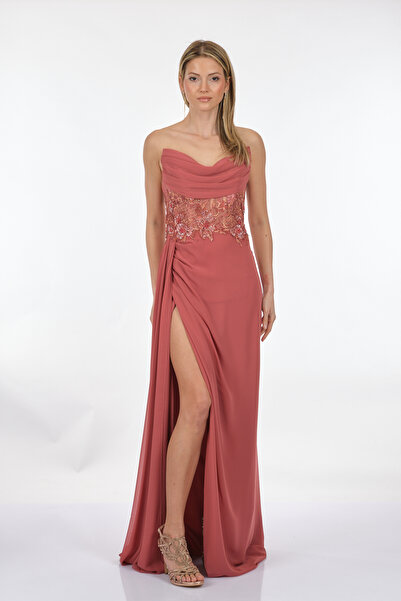 ALFABETA Alfa Beta Straplez Drapeli Pul Detaylı Derin Yırtmaçlı Şifon Kumaş M...