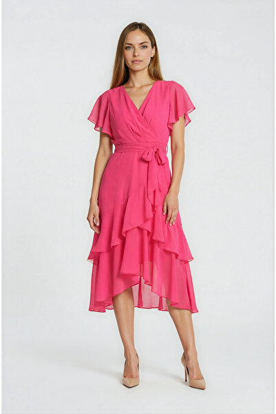 Spazio Fenesina Kruvaze Yaka Volanlı Elbise FUŞYA