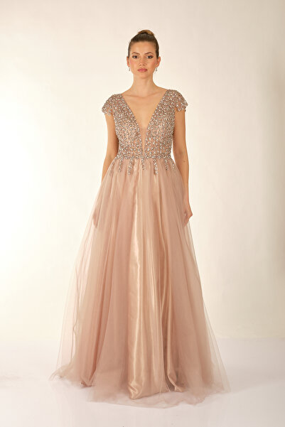 Favore Kadın Taşlı Tül Detaylı Abiye Elbise 2422033