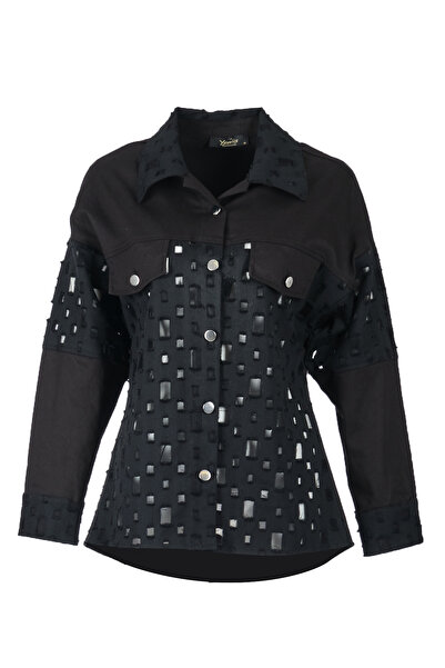 Ysatis Gömlek Yaka Kendinden Desenli Uzun Kollu Siyah Kadın Ceket 24241000114