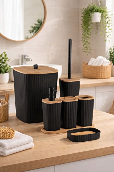 Store HGY Home Safir Bambulu Yapışkanlı 6 Parçalı Siyah Banyo seti