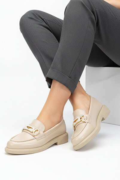 Delroshine CLENA Kadın Bej Rugan Tokalı Loafer Ayakkabı