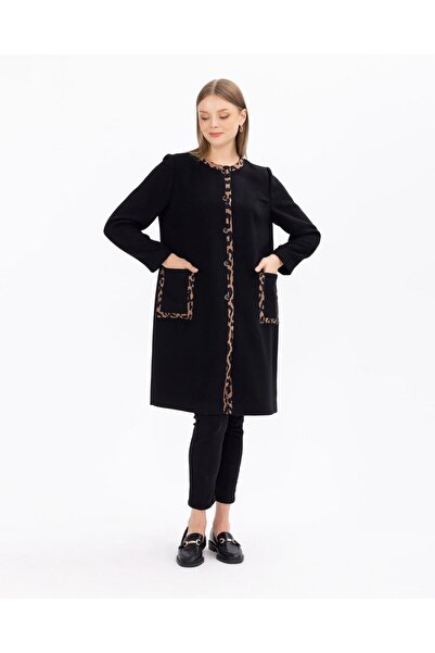 SEÇİL معطف Gala-xi طويل بتفاصيل الفهد البسيط للنساء - خريف وشتاء