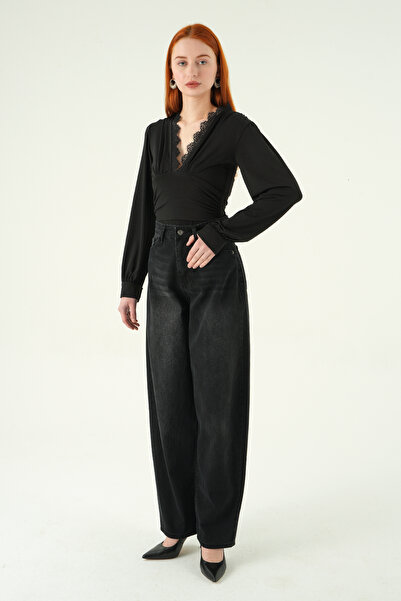 Rays 1061 Τζιν ψηλόμεσο με φαρδιά μπατζάκια, μαύρο