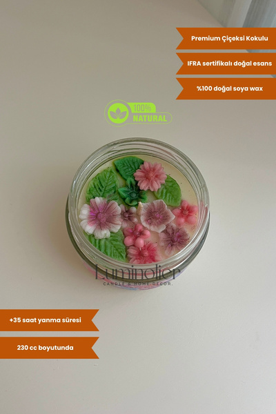 Luminolier Çiçek Süslemeli Kokulu Soya Mum | El Yapımı Çiçekli Dekoratif Koku...