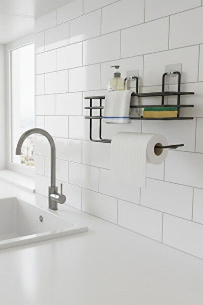 UG Home حامل مناديل ورقية منفرد مع رف لاصق، رف حمام أسود، منظم للمطبخ والحمام