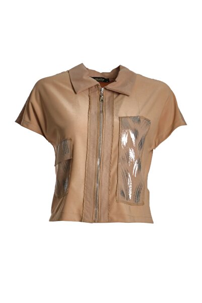 Ysatis Жіночий жилет бежевого кольору - комір сорочковий, на блискавці, корот...