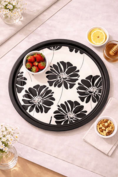 Sarkap Home Siyah Çiçek Metal Tepsi