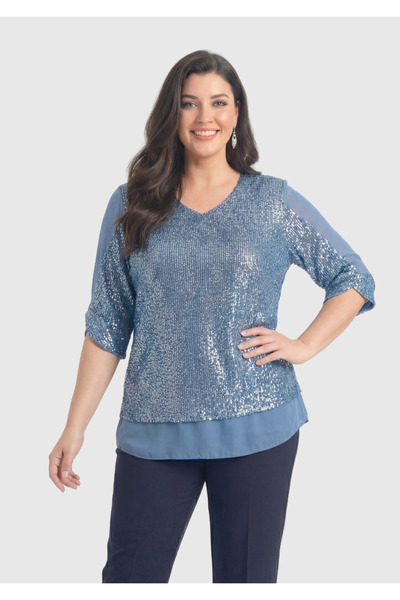 LİLAS XXL Büyük Beden İndigo Renkli Pul Payetli Şifon Bluz