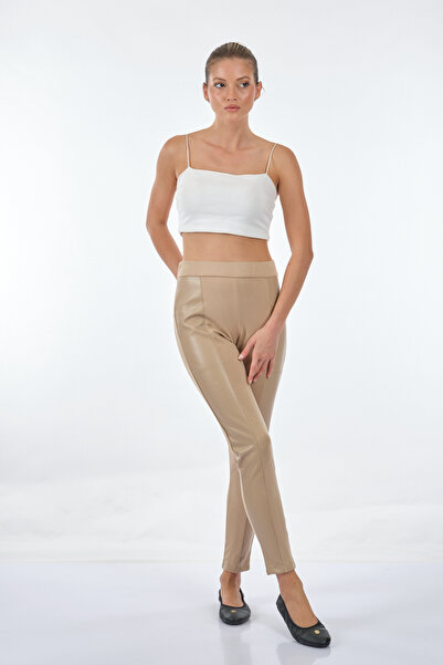 Vedi Minimalist Deri Detaylı Slim Fit Kadın Tayt - Günlük Stil