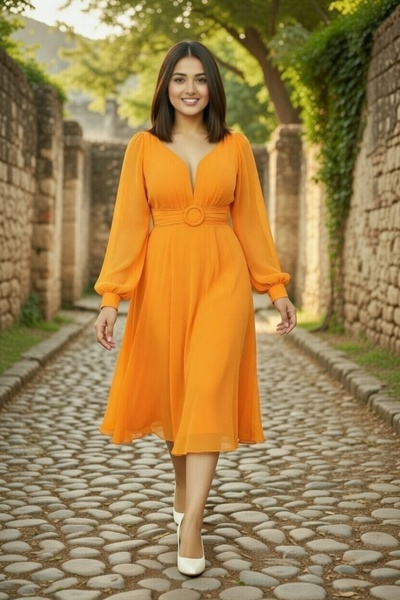 FaBe Fashion Uzun Manşet Kollu Kalp Yaka Beli Tokalı Ve Büzgülü Midi Şifon El...