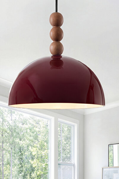 Marrien Luna Bohem Ahşap 3 Boncuklu Bordo Metal Sarkıt (30 cm) Yemek Masası Ü...