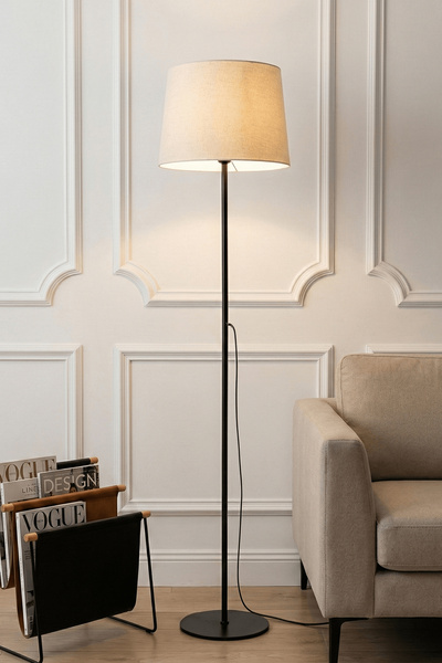 Marrien Cora Siyah Metal Ayaklı Lambader 145 cm Bej Kumaş Başlıklı Modern Sal...