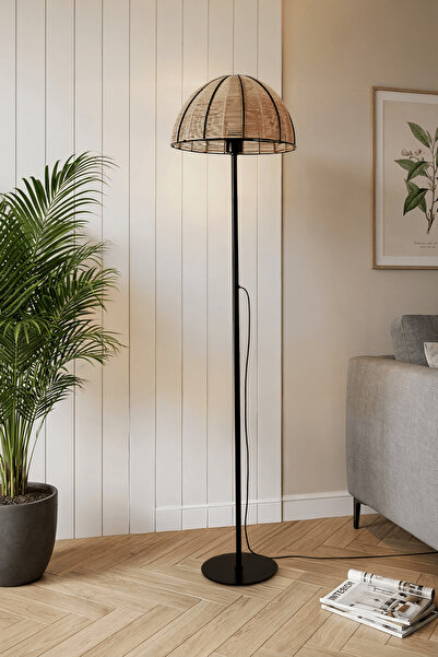 Marrien Linea Siyah Metal Ayaklı Doğal İp Başlıklı Lambader - 35cm Geniş Başl...