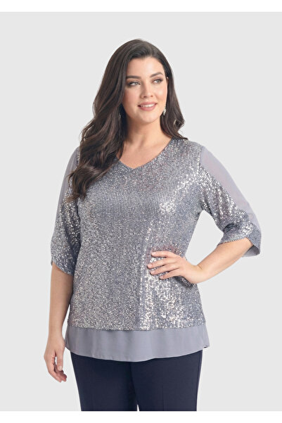 LİLAS XXL Büyük Beden Gri Renkli Pul Payetli Şifon Bluz