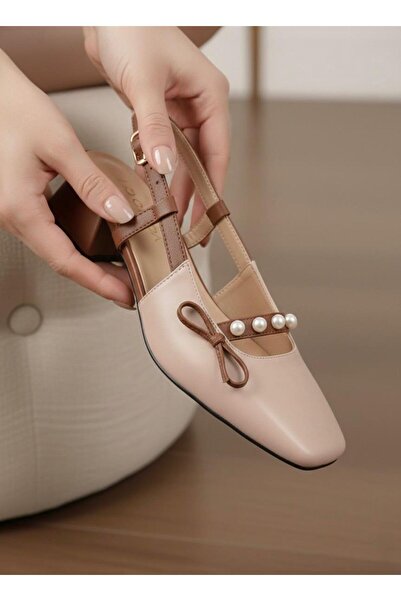 marinarosse Women's Veran Beige Bow Stone Detailed Classic Heeled Shoes