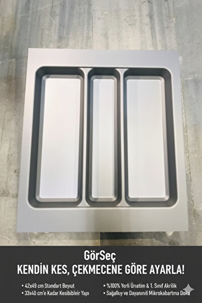 GörSeç Gri 2li Set 42x49 Cm 42 Cm Çekmece içi Kaşıklık Kepçelik 36X40 CM KESİLEBİLİR organizer Düzenleyici