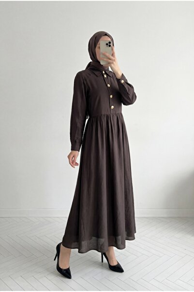 MİHRA STORE Φόρεμα Açılay με χρυσά κουμπιά και μισό σκίσιμο-SHA1146 Καφέ