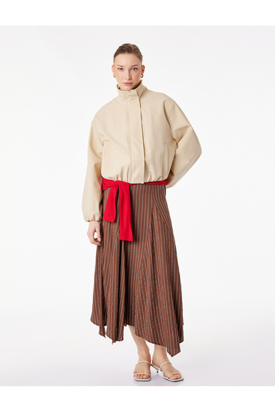 Koton Viscose Blend Asymmetrical Striped Midi Skirt