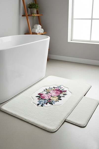 Bella Rose Ecru 2-Piece Embroidered Plush Bath Mat 60x100 50x60 cm