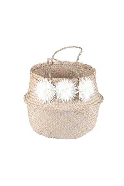 KANCAEV Katlanabilir Hasır Sepet, Natürel, Beyaz Çiçekli