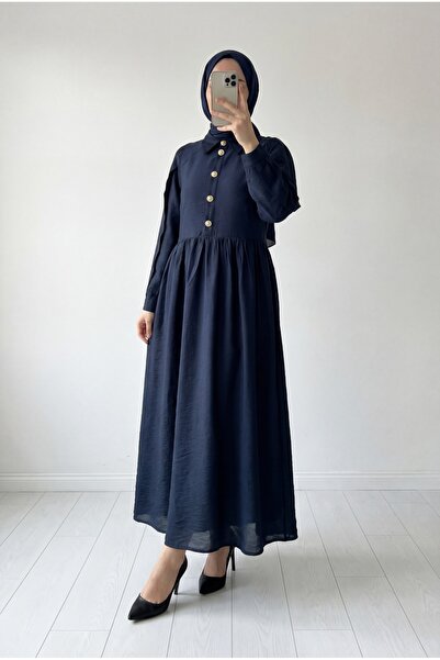 MİHRA STORE Açılay Gold Buttoned Half Placket Dress-Şa1146 Navy Blue