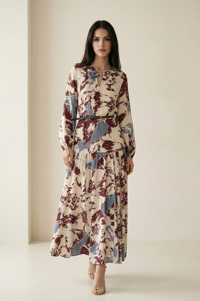 Setre Rochie midi cu detaliu la gât și talie, cu curea și imprimeu, în nuanțe...